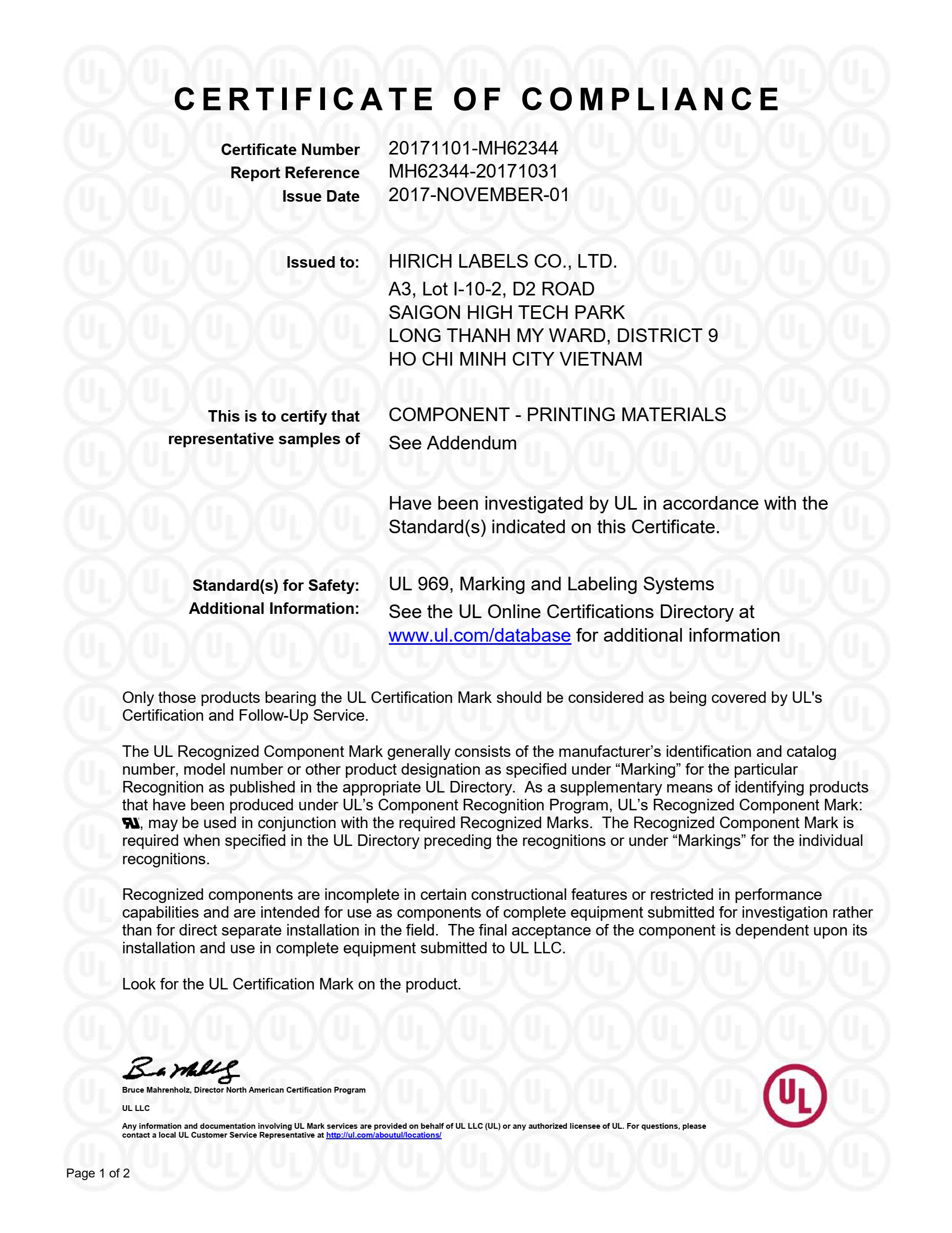 UL Certificate of Compliance